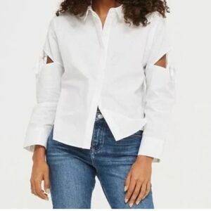 TOPSHOP Women's Tie Sleeve Cotton Button-Up Blouse White Size 2
